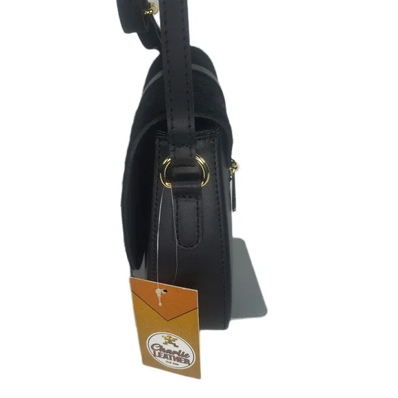 Charlie Leather Mack Black Leather & Black Fur Small Half Moon Crossbody Bag-NWT - Picture 4 of 12